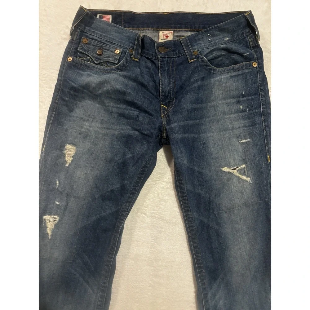 True Religion Ricky Jeans Mens 36x33 Blue Straight Leg‎ Made USA Flap Pocket